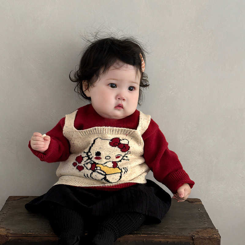 Sanrio Girls Autumn Winter Fake Two-Piece Sweater 2025 New Korean Style Baby Cute KT Cat Knitted Top Infant Stylish Top H251105
