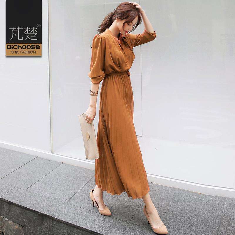 Chiffon Long Sleeve Spring New Slim Waist Slimming Korean Style Elegant Pleated Dress B5