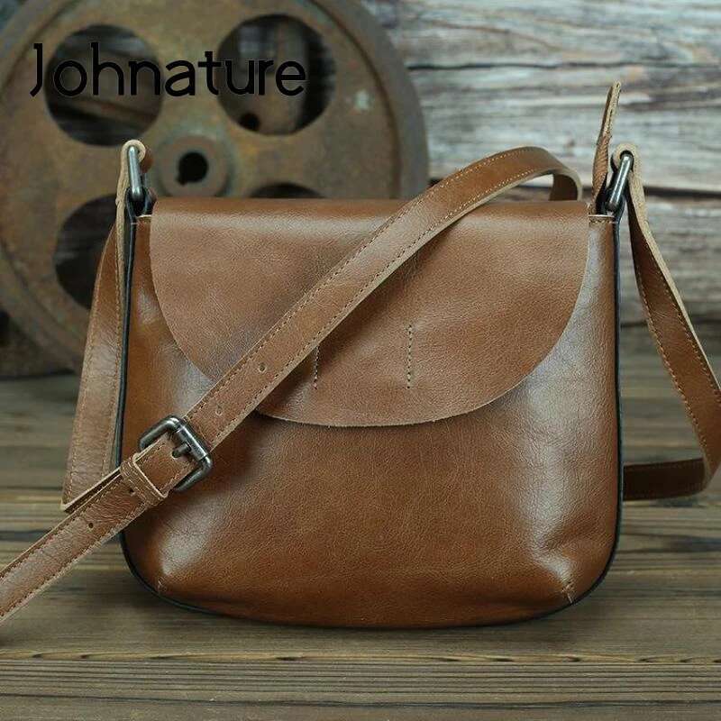 johnature retro genuine leather women bag ladies 2025 new simple first layer cowhide female shoulder crossbody bags