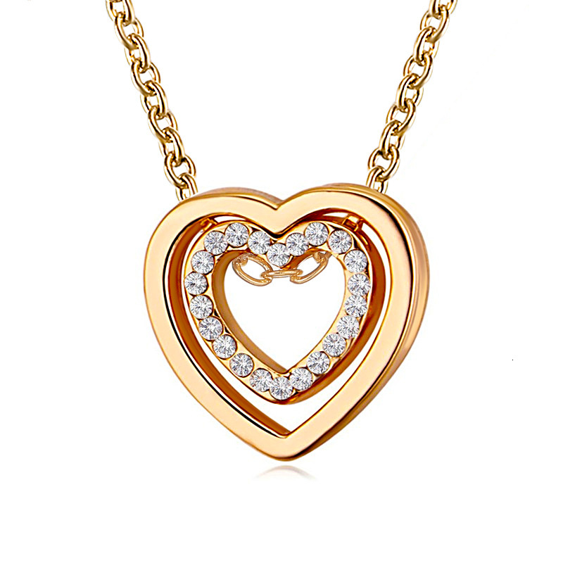 Japanese and Korean Simple Necklace for Women Fashion Versatile Full Dia Hollow Crystal Double Heart Pendant Collarbone Chain Jewelry