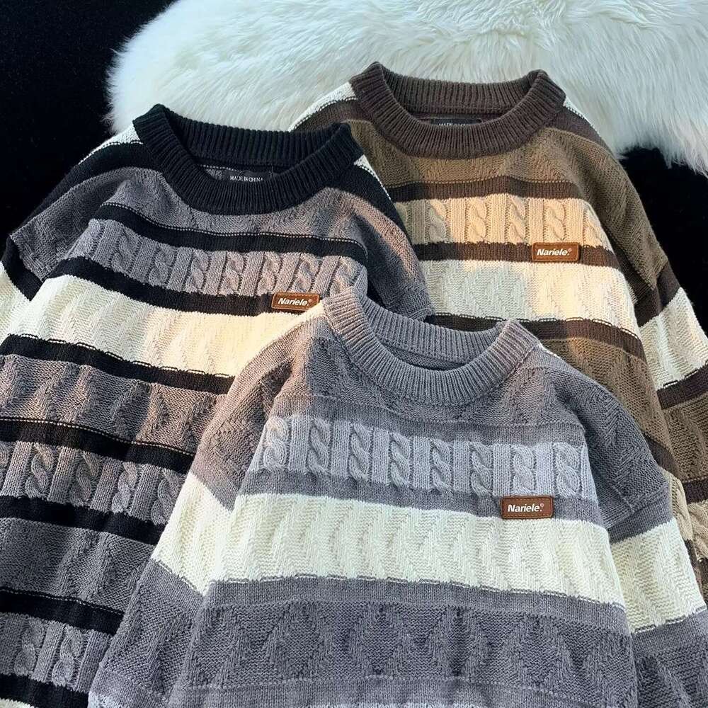 Striped Design Round Neck Pullover Long Sleeve Sweater Women, Autumn And Winter Loose Sweet Knitted Top For Outerwear B5