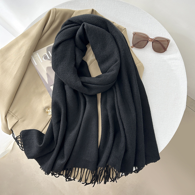 K313 Scarf autumn and winter atmosphere pure color imitation cashmere ladies temperament literary niche soft waxy warm tassel scarf shawl