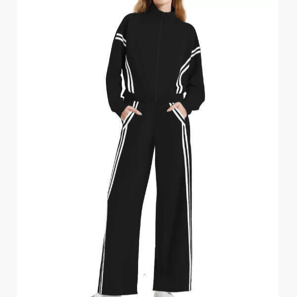 Cross-Border Ladies Two-Piece Casual Wear Zipper Sports Suit Contrast Color Stripe Wide-Leg Jogging Pants Travel Sportswear