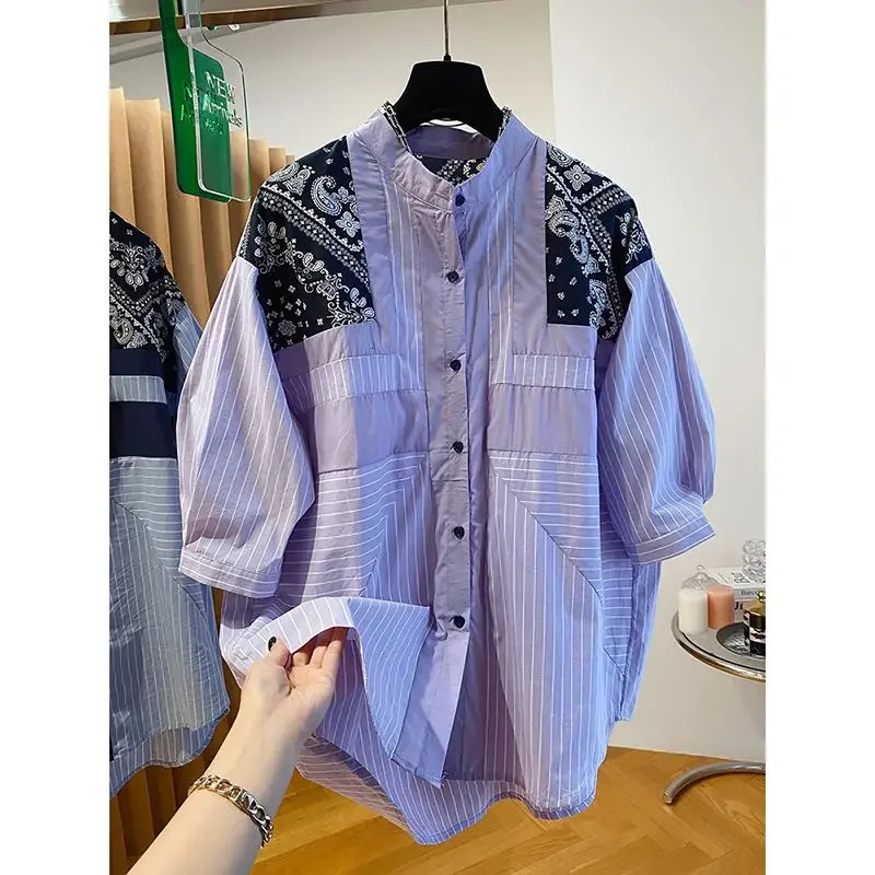 Striped short-sleeved shirt female summer and autumn stitching printed cotton and linen retro plus size loose top 250402