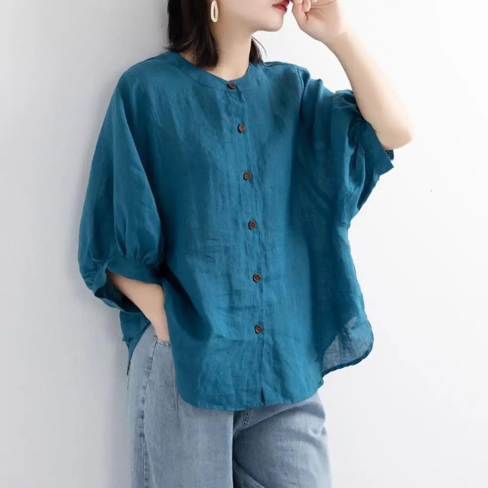 Women Shirt Retro Half Lantern Sleeves Ruffle Cuffs O Neck Summer Linen Shirts Ladies Loose Female Sweatshirt Top Casual Blouse 250402
