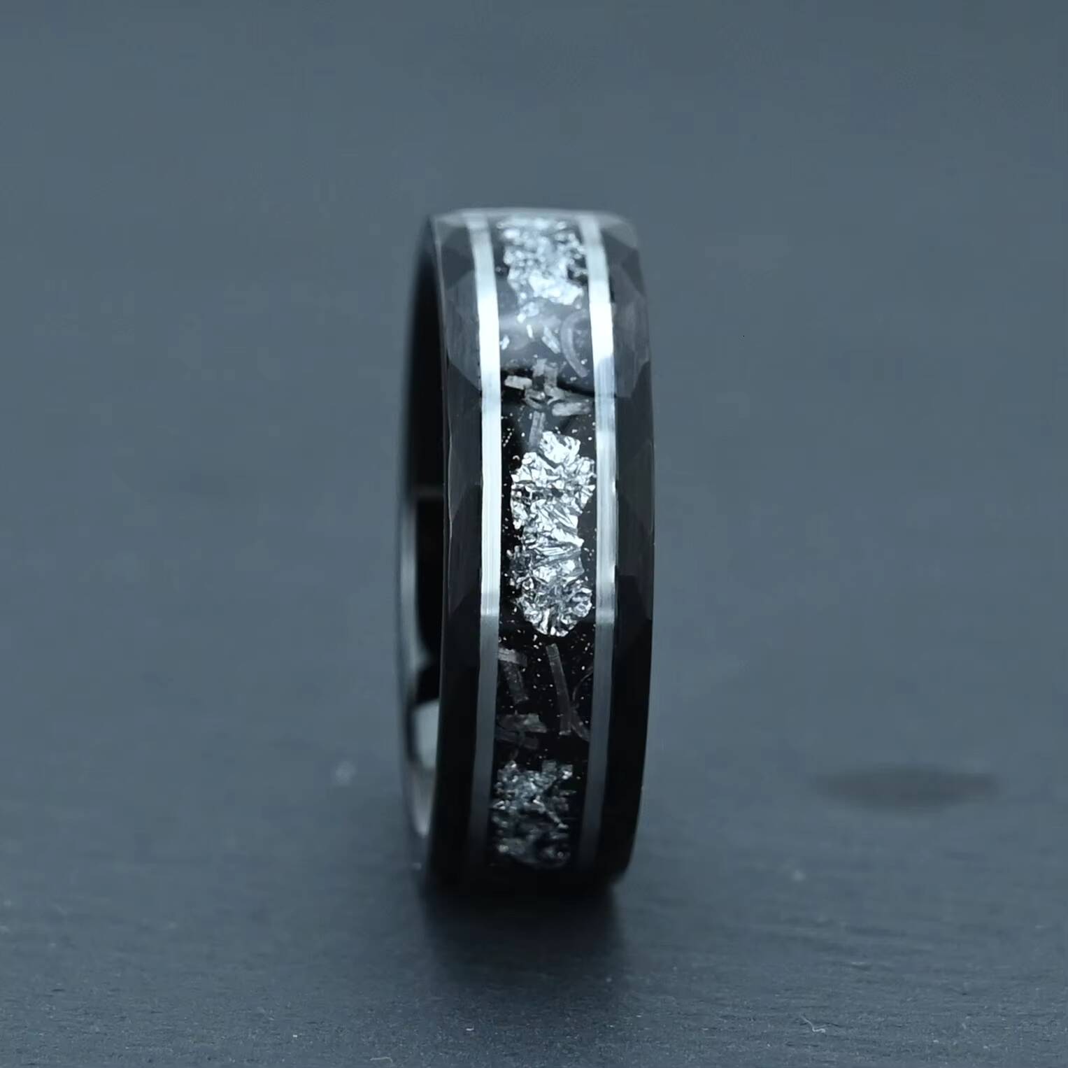 8mm Black Hammered Tungsten Silver Leaf and Meteorite Inlay Ring Vintage Luxury Wedding Band for Men Luxury Wedding Band