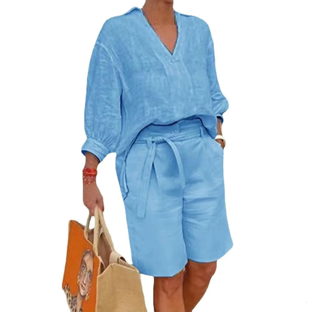 Cotton linen set summer retro womens V-neck shirt fashionable casual cuff set womens loose two-piece set 250401
