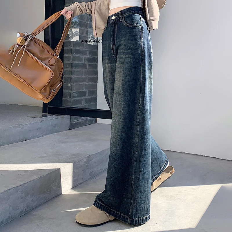 Womens loose retro casual denim Trouser streetwear womens high waisted straight jeans 250403