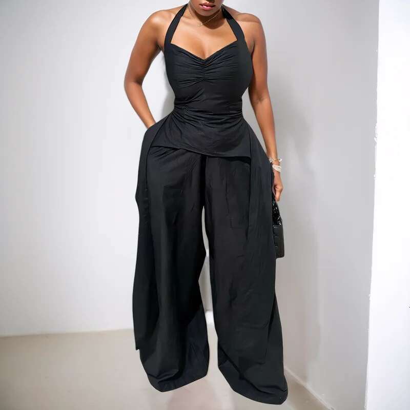 Fashion Two Piece Set For Women Trendy Halter V-Neck Irregular Tops Female High Waist Loose Trousers Spring New 33A3848