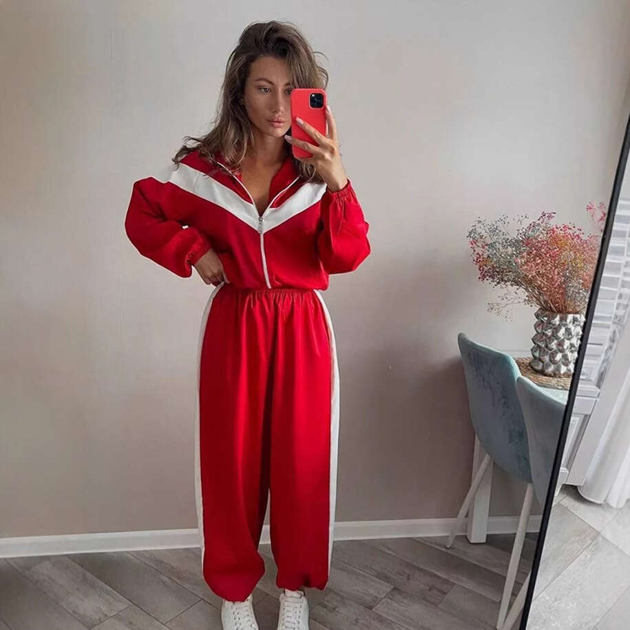 Fashion Casual European American Long Sleeve Color Block Sports Cardigan And Pants Set Street Style Outfit B5