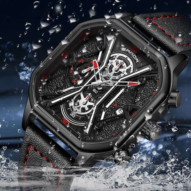 DHwatches Sanda Waterproof Calendar Luminous Three Eyes Six Hands Solid Steel Band Fashion Square Quartz Watch for Men