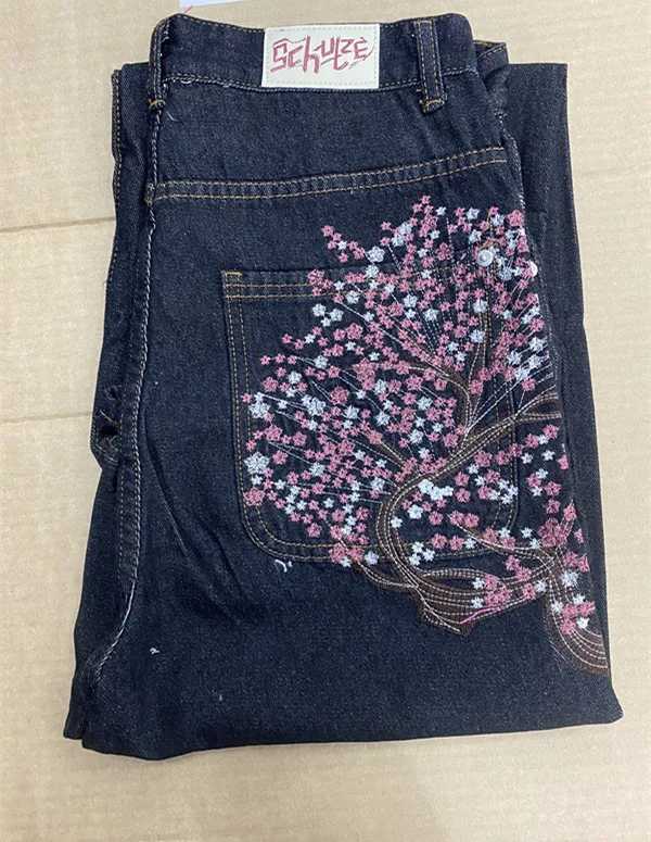 Vintage Low Waist Hip Hop Cherry Blossom Embroidered Jeans Wide Leg Trousers Y2K Clothes Mens Womes Embroidered Baggy Jeans Z251104