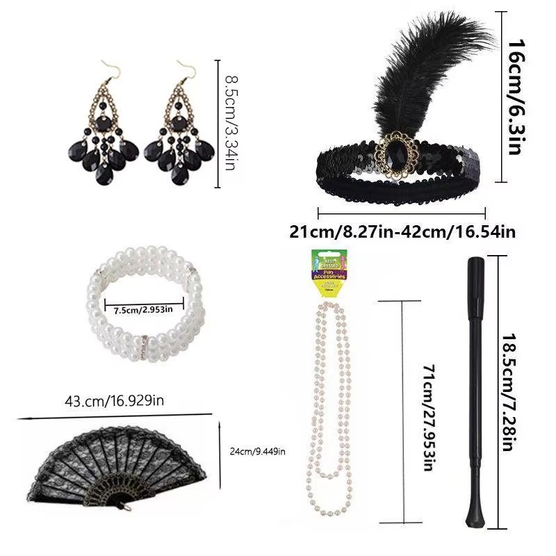 A collection of 6 1920 retro party accessories, headbands, necklaces, bracelets, cigarette sticks and earrings for women's daily wear