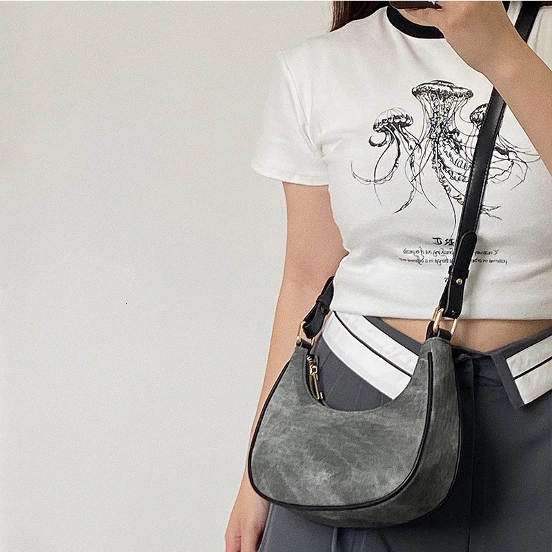 Casual Women Half Moon Underarm Bags Gray PU Leather Hobos Shoulder Bag for Female All Match Ladies Crossbody Bag Purse Handbags 251104