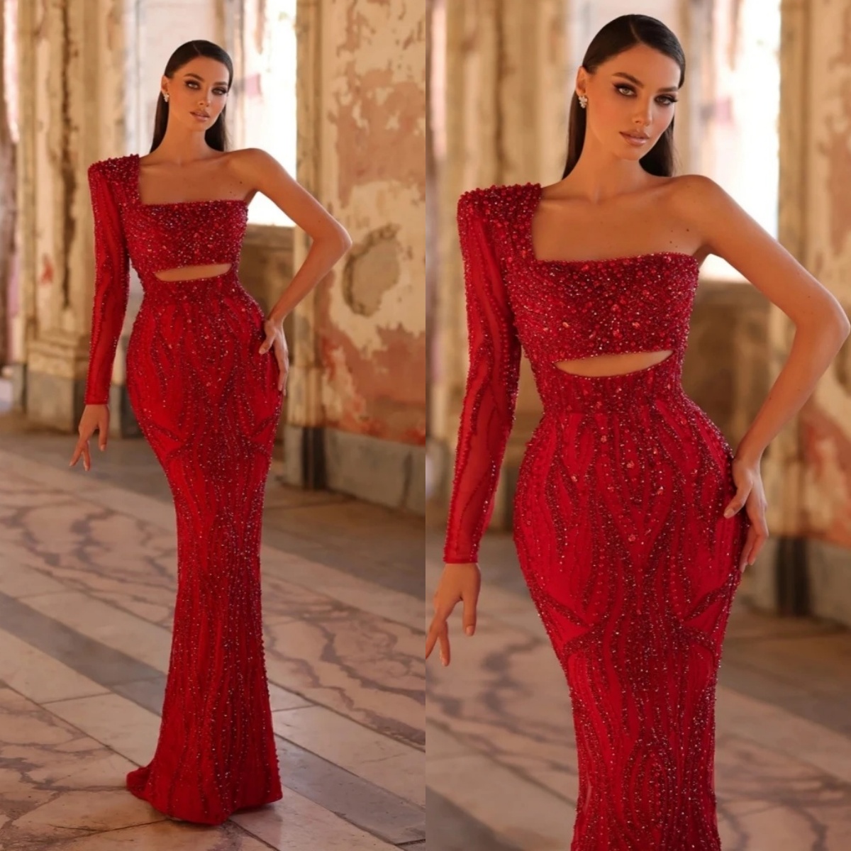 Modern Evening Dresses One Shoulder Prom Gowns Sequins Pearls Long Sleeves Princess Sweep Train Customized Vestidos De Noche Plus Size