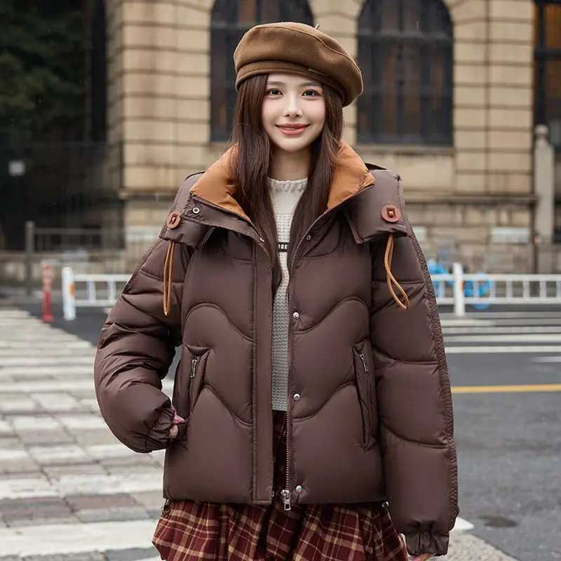 2025 Womens Winter Fashion Puffer Jacket Short Style Contrast Color Thick Warm Cotton Coat Anti Cold OuterwearT251105