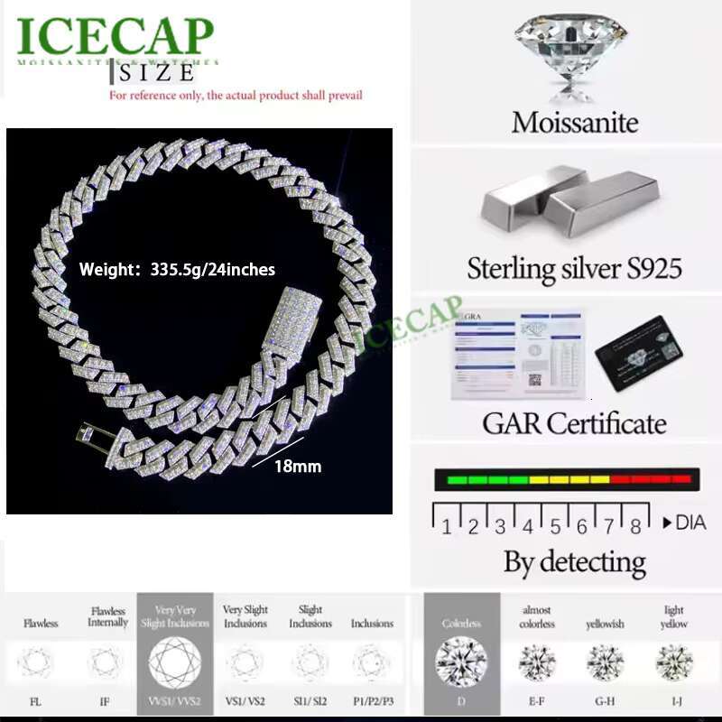 18mm Custom White Gold Cuban Link Chain Necklace for Men Iced Out VVS Moissanite Diamond 925 Silver Jewelry Cuban Link Chain