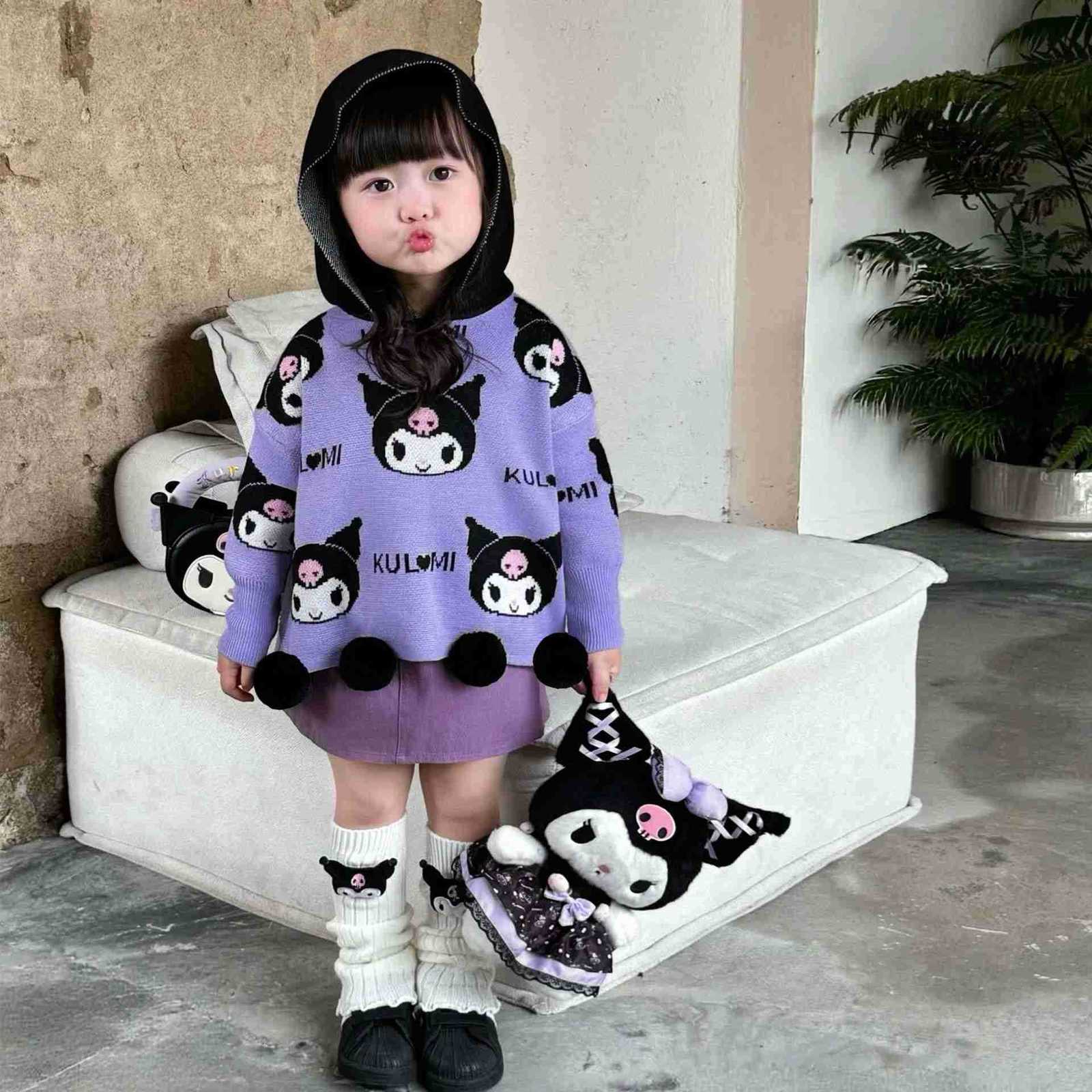 Sanrio Kuromi My Melody 2025 Autumn Winter Girls Knitted Cape Stylish Hooded Childrens Cartoon Cute Sweater Top H251105