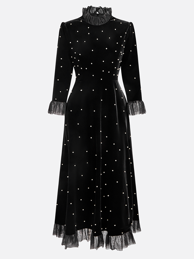 Women's Velvet Mock Neck Midi Dress with Pearl Detailing & Tulle Trim, Elegant Long Sleeve Dress for Formal & Evening Events 23576