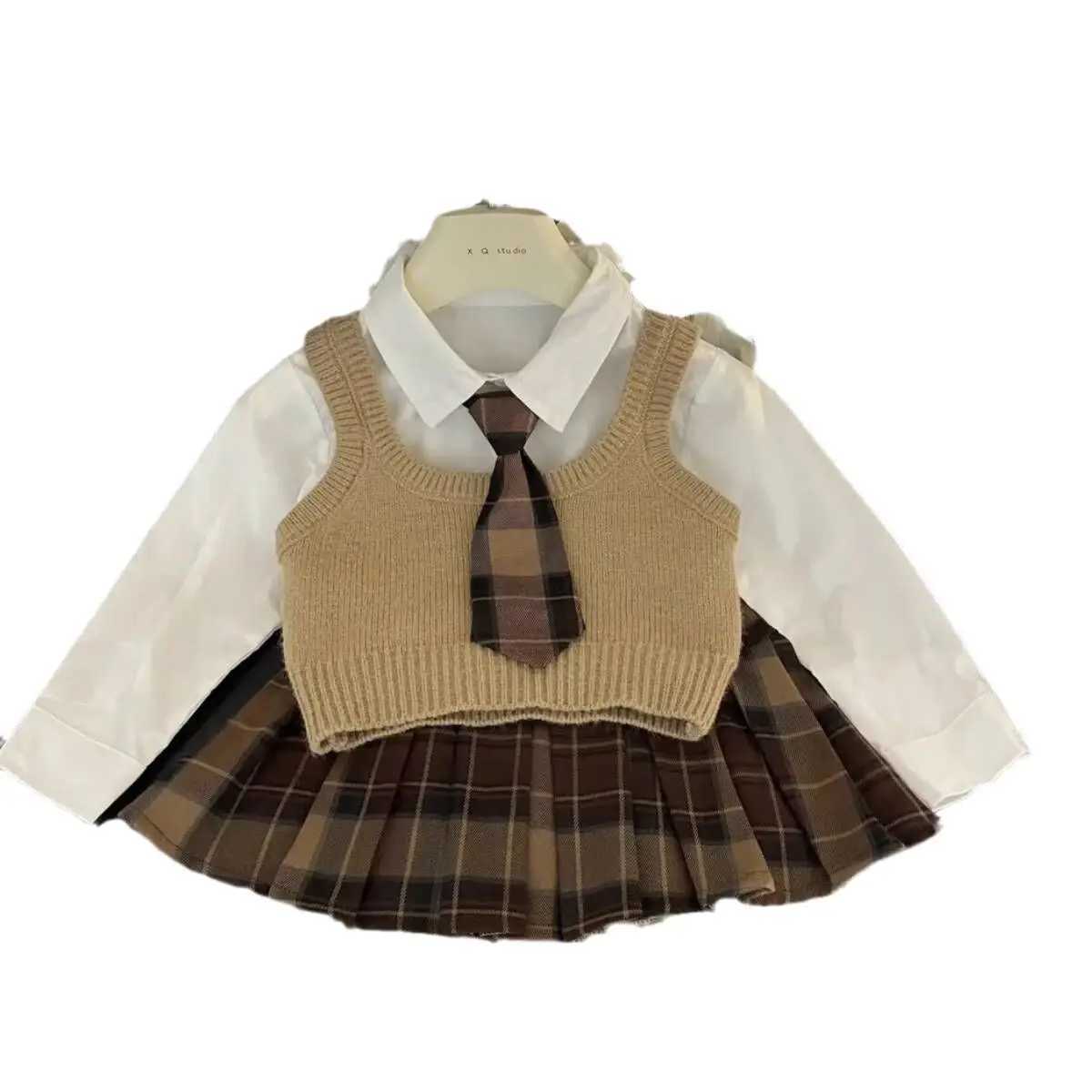 2025 Baby Girls 4pieces Clothing Set Fashion Kids Children Spring Autumn Clothes Knit Vestsshirtspleated Skirtsbowtie Y251105