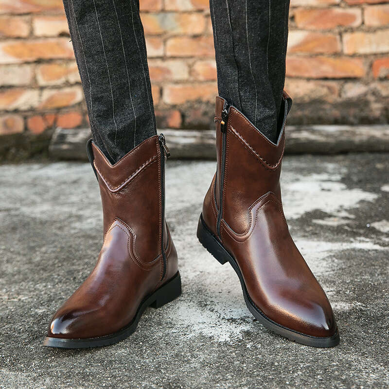 Large Western style cowboy knight pointed leather boots, sizes 38-48, autumn and winter low heeled men's boots
