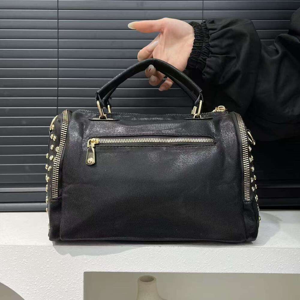 Ladies Fashion Elegant Nylon Tote Bag, Leopard Print, Full Dia Round Cylinder, Handmade Rhinestone, Boston Elegant, Single Shoulder, Brown, With Remov