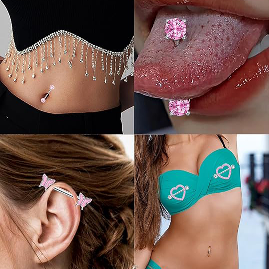 9 Pairs 14G Stainless Steel Nipple Rings Tongue Ring Straight Nipple Barbells Cute Butterfly Rose Opal Moon Heart CZ Body Piercing Jewelry for Women P