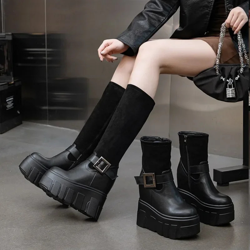 14CM Synthetic Genuine Leather Stretch Fabric Black Winter Plush Spring Knee High Ankle Boots Woman ZIP Motorcycle Autumn Shoes 251031