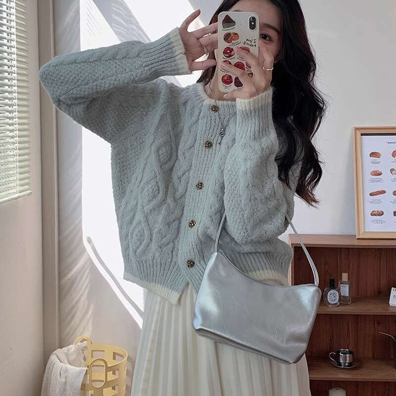 Milky Blue Short Top Braided Knit Cardigan For Women Early Spring And Autumn Soft Lazy Style Sweater Coat B5