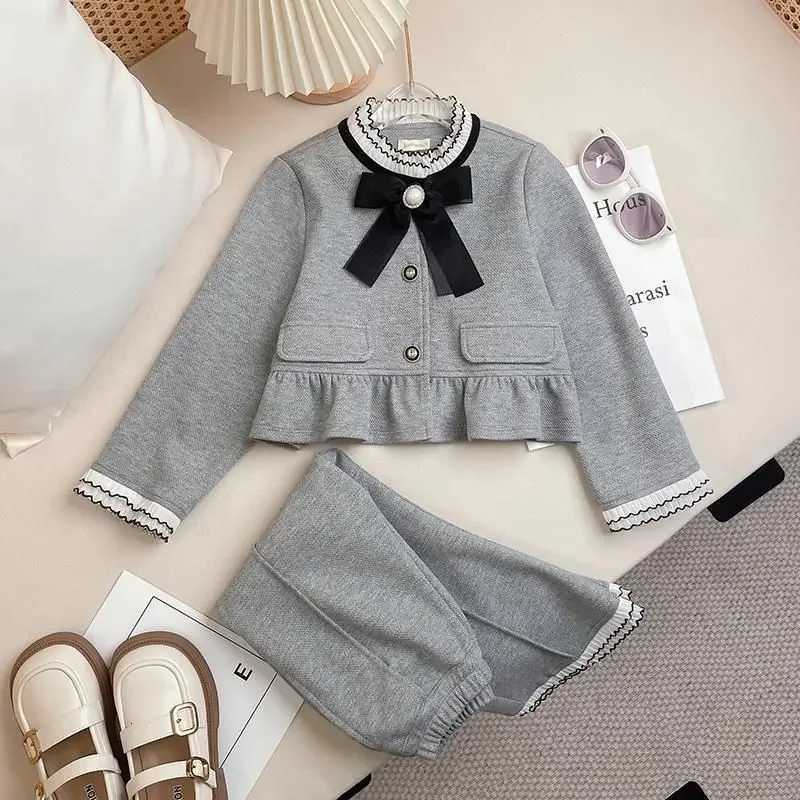 Childrens Clothing Sets Bowknot Lace Single-breasted Jacket Bell-bottoms 2pcs Girls Clothes Set 4 To 11 Years Baby Girl Outfit Y251105