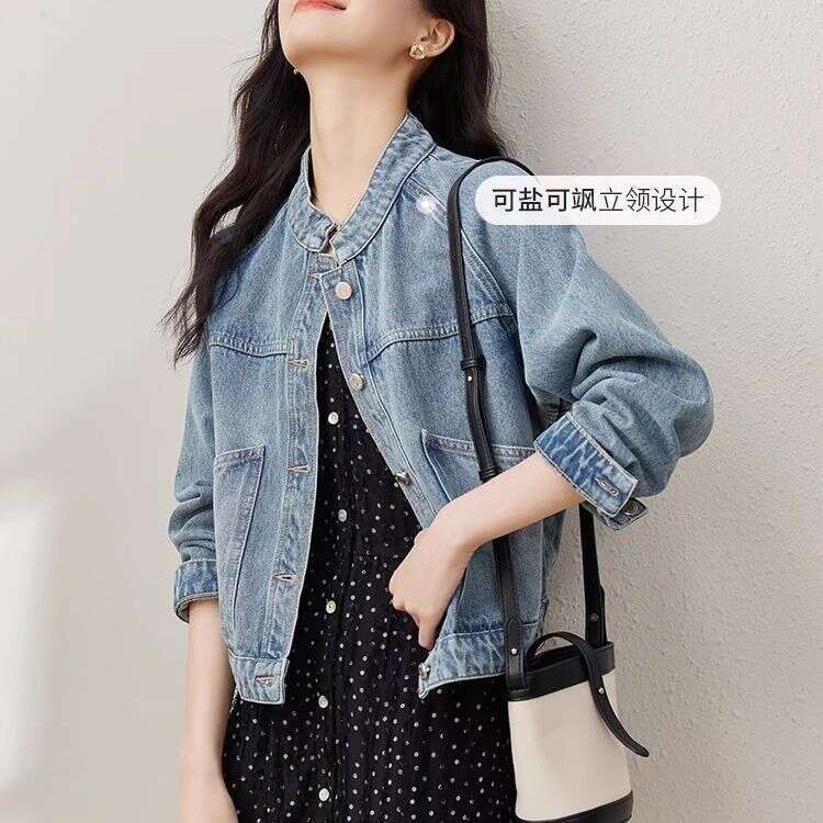 Vintage Washed Denim Short Jacket For Women, Autumn And Winter New Stand Collar Petite Long Sleeve Top B5