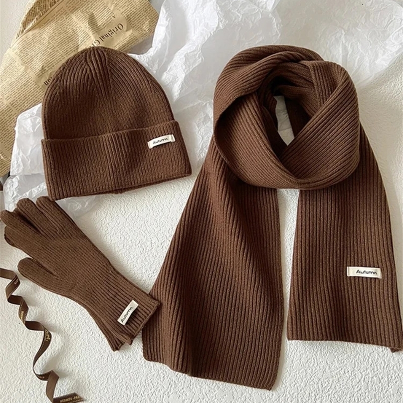 Knitted Winter Scarf Woman Solid Color Hat Scarf Gloves Womens Windproof Adult Threepiece Set Fashion Womens Scarf Hat Set 251028ww