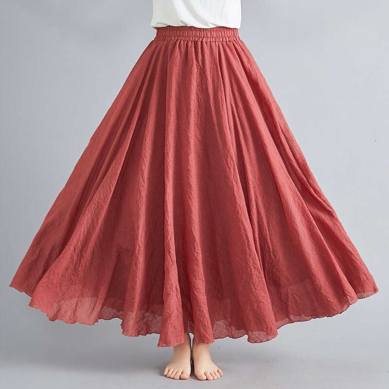 Mori Girl Artistic Plus Size Cotton Elastic Waist Linen A-Line Long Solid Color Ethnic Style Flared Skirt B5