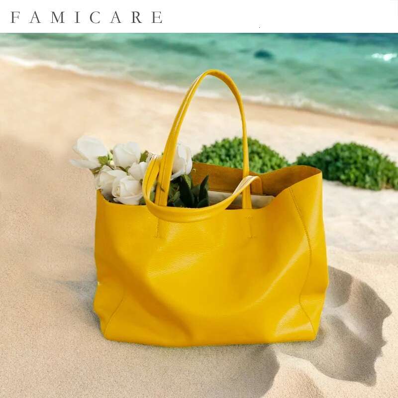 Women Casual Tote Female Fashion Summer Beach Handbag Lady Popular Soft Cowhide Genuine Leather Shoulder Shopping Bag