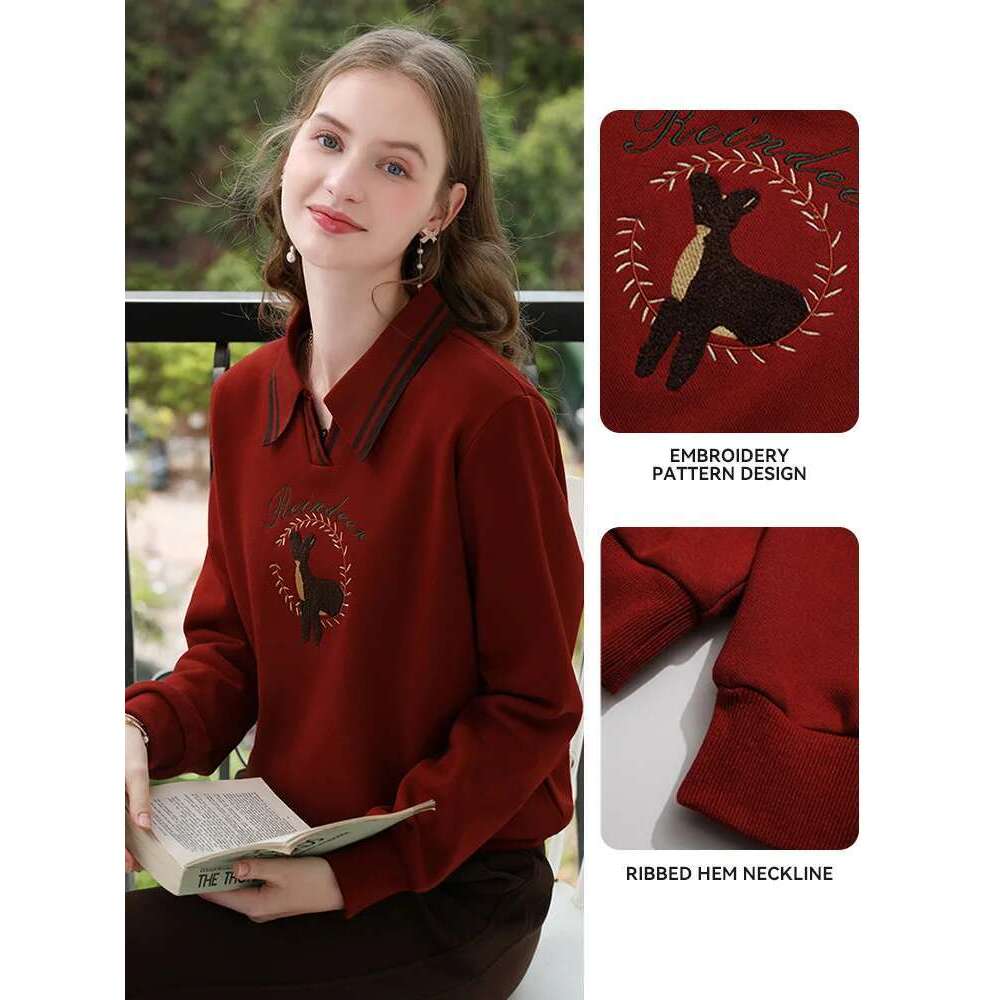Red Embroidery Pullover Thickened Warm Polo Collar Sweater Women Soft Touch Sweets Versatile Tops
