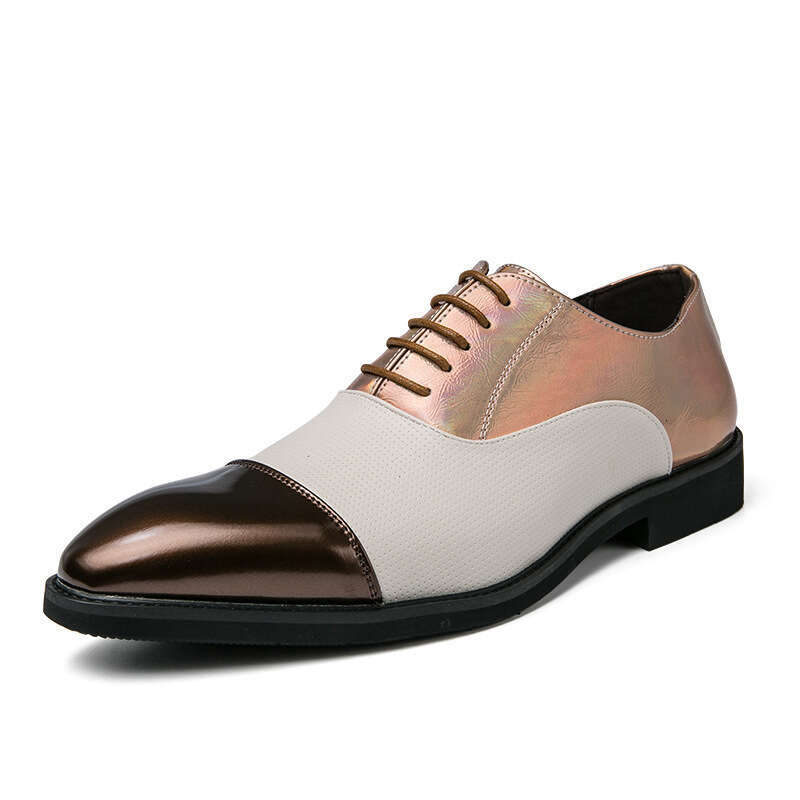 Large size color blocking pointed leather for men's low cut trendy business shoes, spring and autumn new lace up formal casual shoes