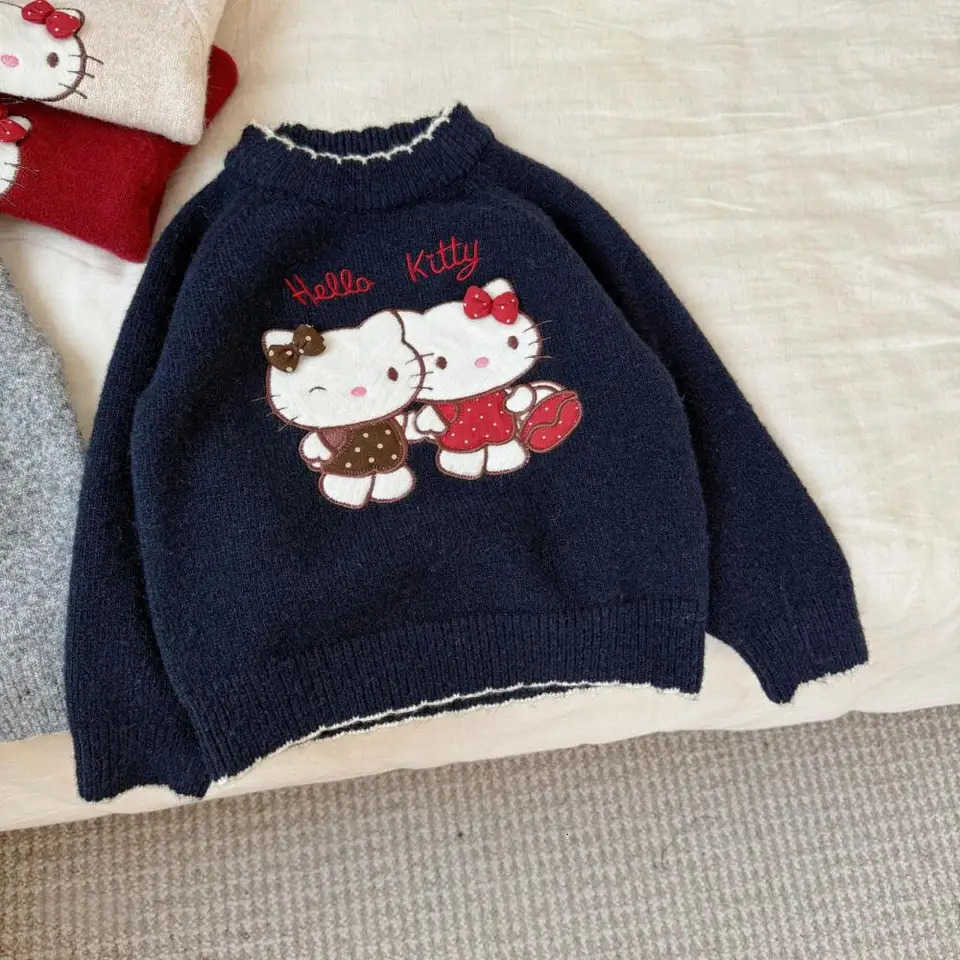 Sanrio Hello Kitty Girls Sweater Cartoon Kt Cat Pullover Knitting Thicken New Korean Version Childrens Sweater Autumn Winter H251105