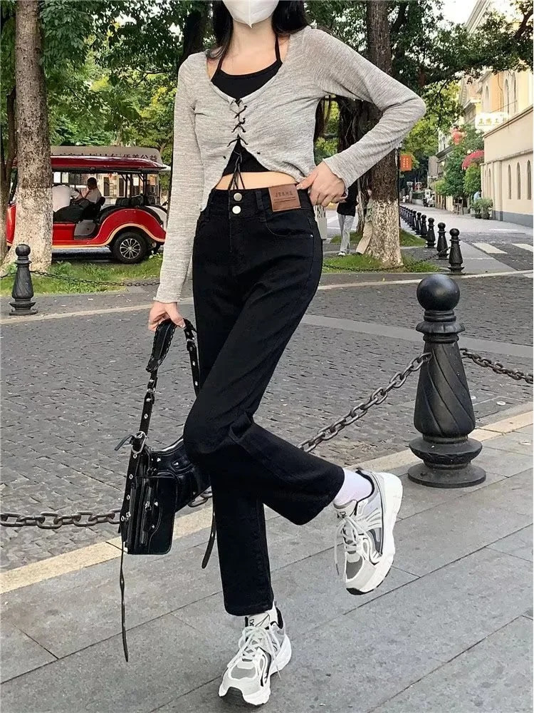 Spring and summer retro high waist slimming wide leg pants jeans Korean style straight 250403