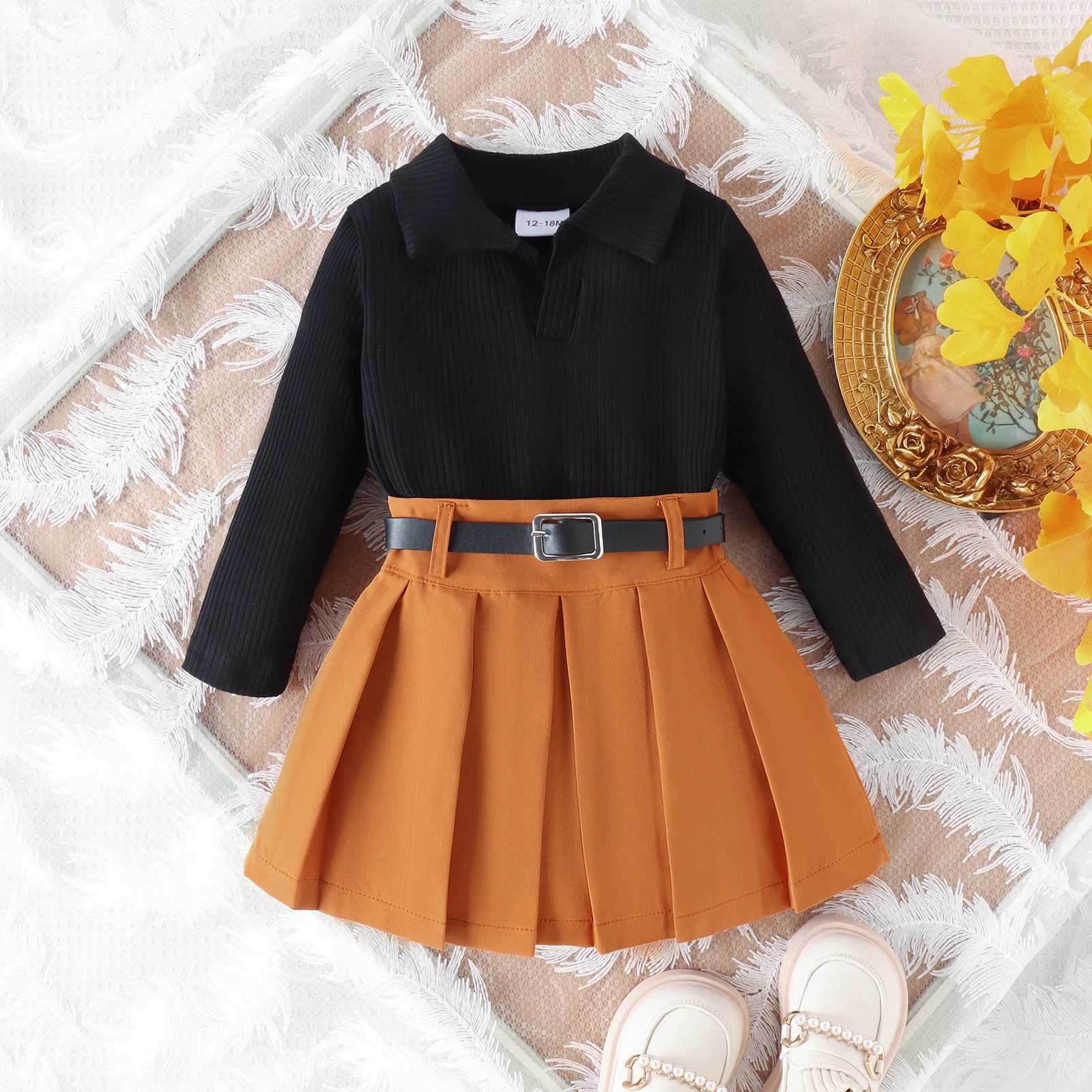 3PCS Autumn New Style 1-5 Year Old Girl Baby College Casual Solid Color Long-Sleeved Pit Top Pleated Short Skirt Set Y251105