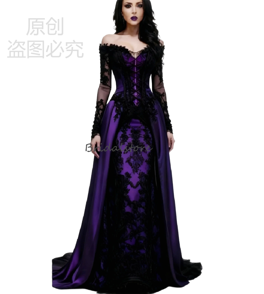 Vampire Purple Gothic Wedding Dress 2026 Long Sleeve Black Lace Victorian Medieval Bridal Gowns Halloween Fantasy Colored Bride Dress Halloween Vestio