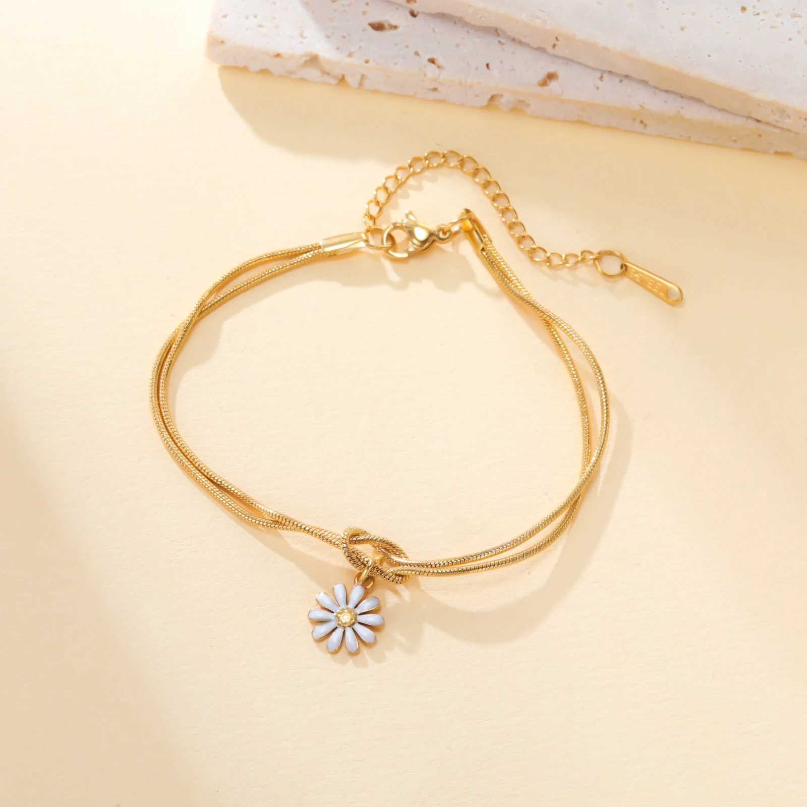 Enamel Flower Charm Bracelet Stainless Steel Gold Color Adjustable Love Knot Double Snake Chain Women Cherry Blossom JewelryXJ251105