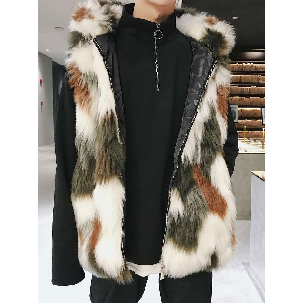 Men's Plush Faux Fur Hooded - Stylish Brown & White Color Block, Zip-Up, Long Sleeve, Warm Fall/Winter Outerwear, Casual Polyeer Jacket For Coupl