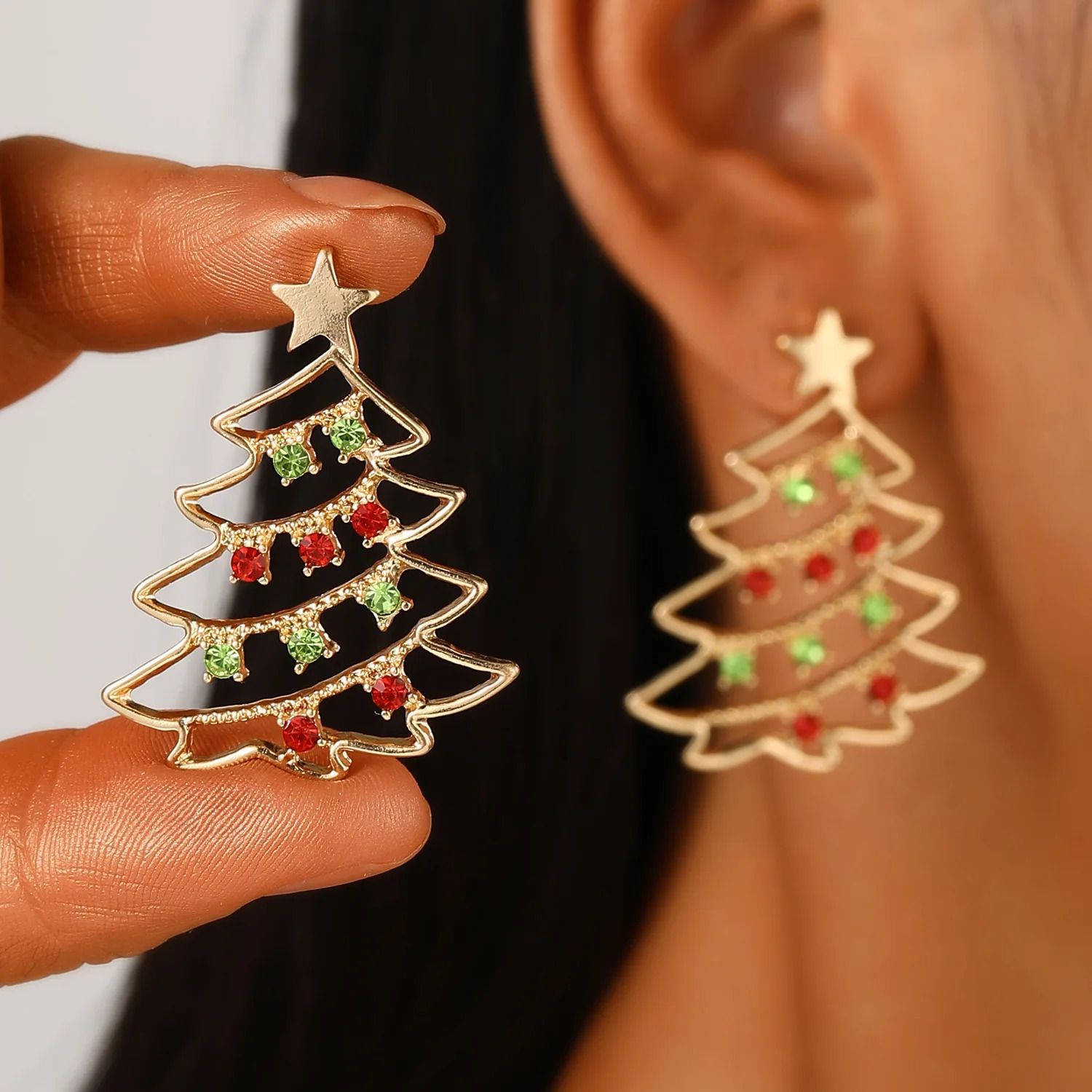 Christmas Full Rhinestone Snowflake Pearl Earrings for Women Colorful Hollow Xmas Tree Red Hat Ear Hook Earring Year Jewelry 251131
