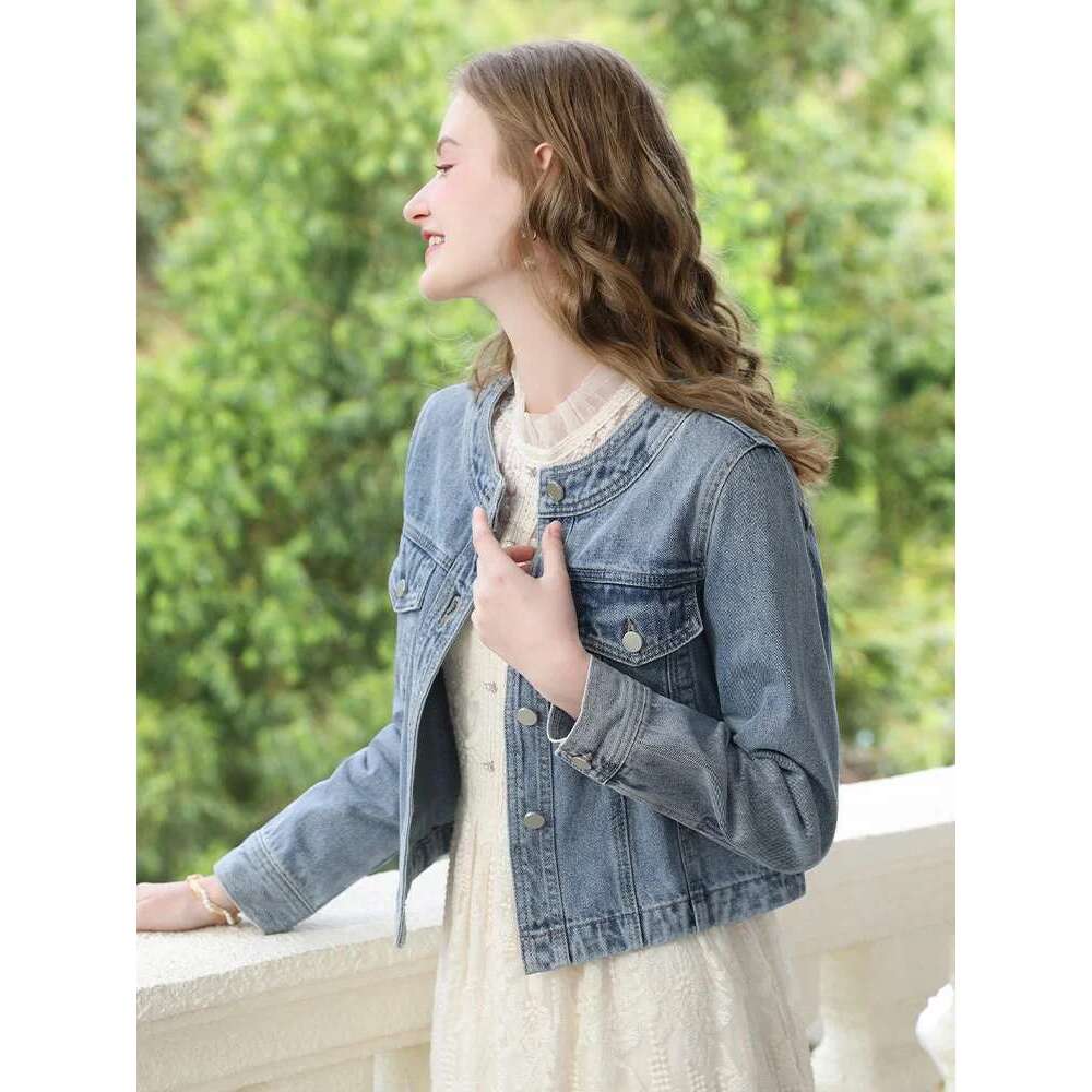 Short Denim Coat For Women Crew Neck Autumn New Casual Basic Straight Comfort Retro Female Jackets