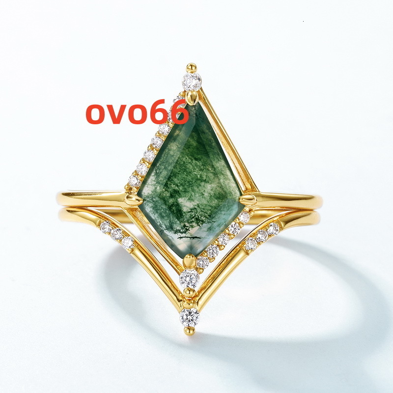 925 Sterling Silver Jewelry Plated Moissanite Ring Kite Cut Natural Moss Agate Girls Engagement Ring