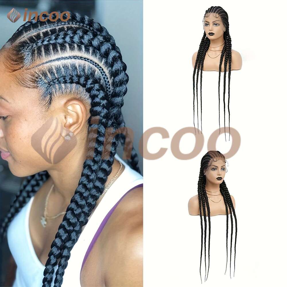 36 Inches Full Cornrows Braided Wigs Women Lace Frontal Jumbo Faux Locs Box Braids Wig For Daily Use