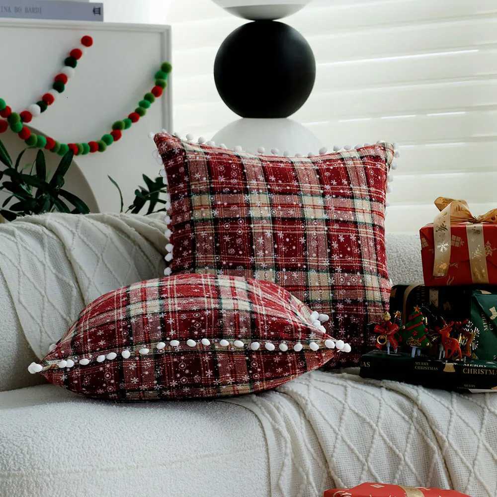 Double-Sided Plaid Christmas Decorative Cushion Cover with Balls Home Decoration Living Room Sofa Snow Throw Pillow Cover 45x45 Y251105