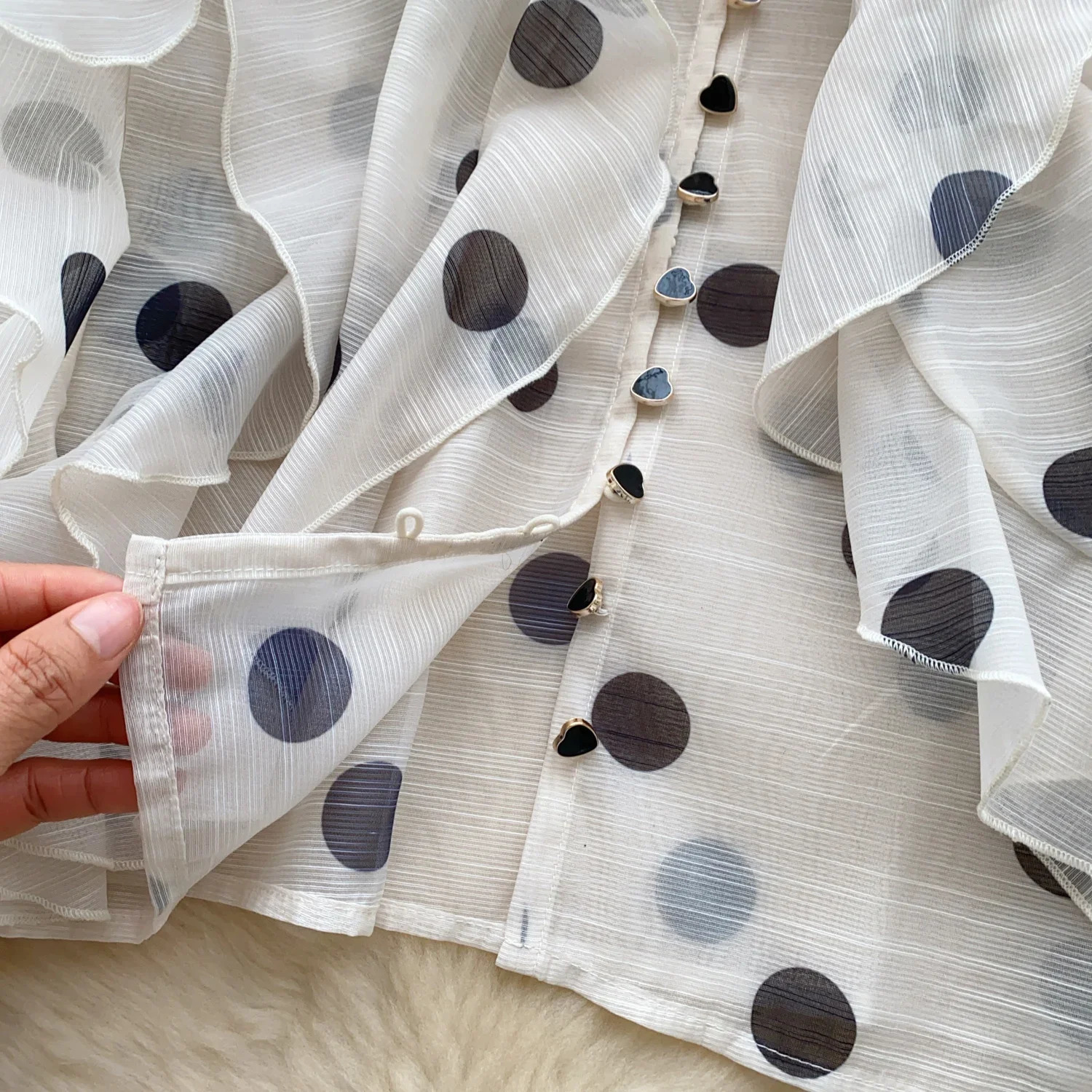 Womens bow lace retro lantern long sleeved ultra-thin fashion polka dot mesh chiffon shirt sweetheart spring outfit 250402