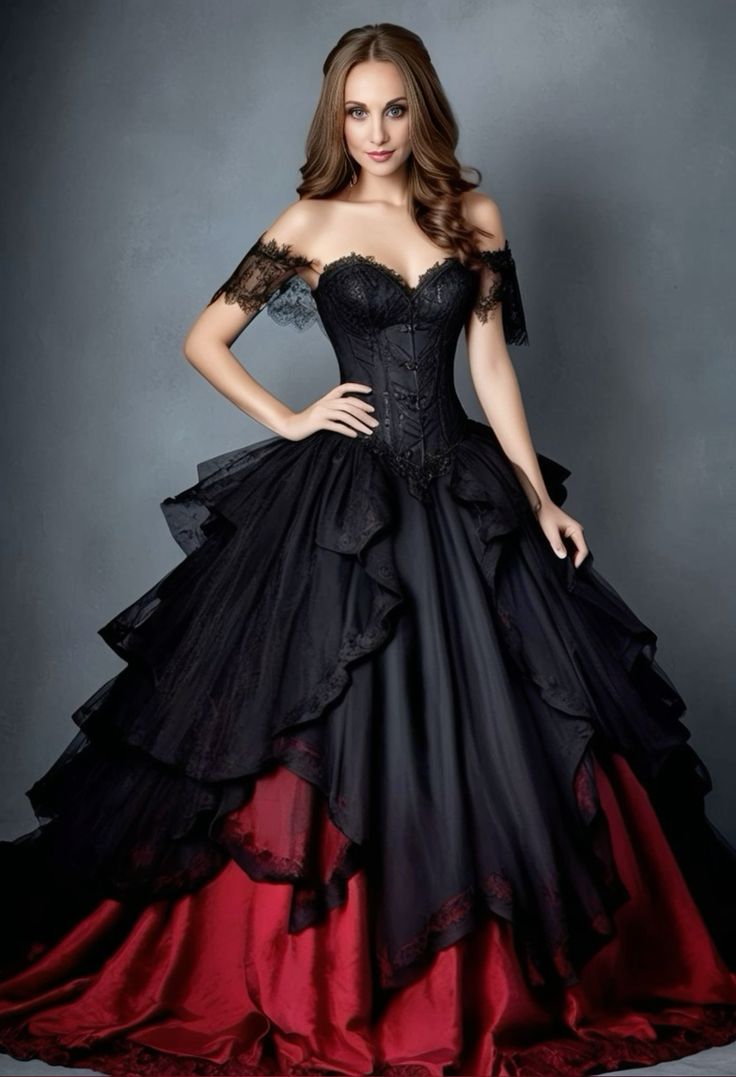 Gothic Black And Red Wedding Dresses Off Shoulder Ball Gown Vintage Vampire Bridal Gown Lace Appliques Corset Ruffle Medieval Vestido De Novia
