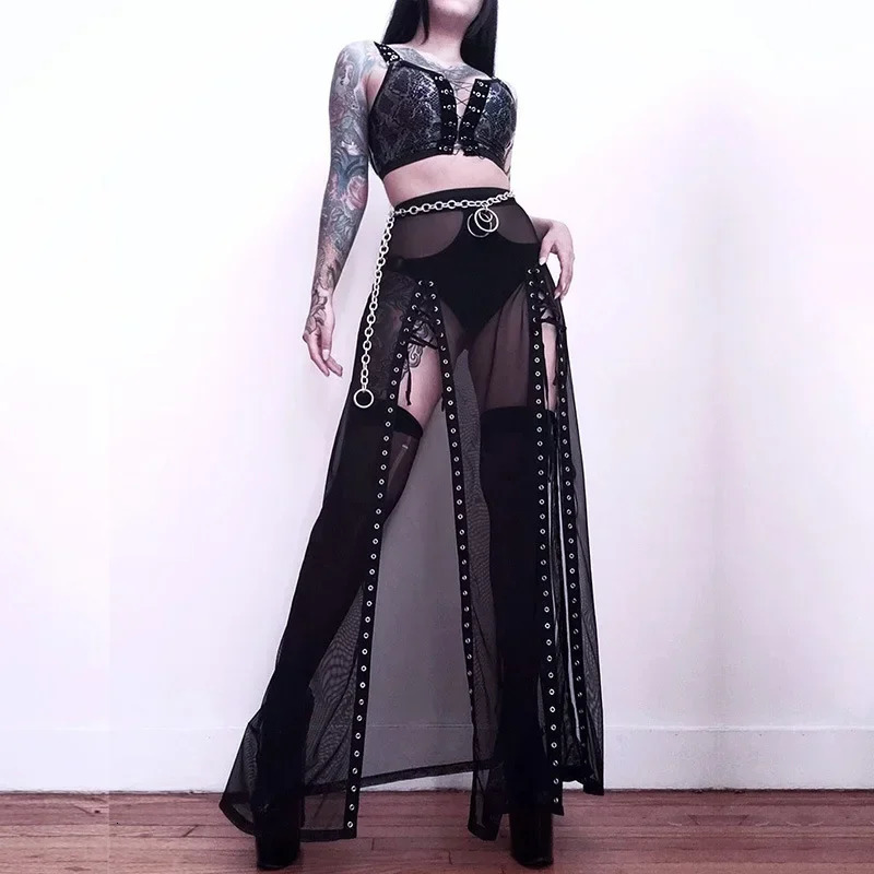 Gothic Mesh Perspective Side Seam Skiing Lace Upward Dark Punk Faldas Slim Summer Aesthetics 250324